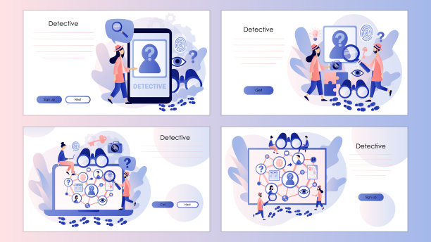 侦探社。私人侦探侦破犯罪和搜查罪犯。搜索证据。屏幕模板登陆页面，模板，用户界面，网页，移动应用程序，海报，横幅，传单。向量图片下载