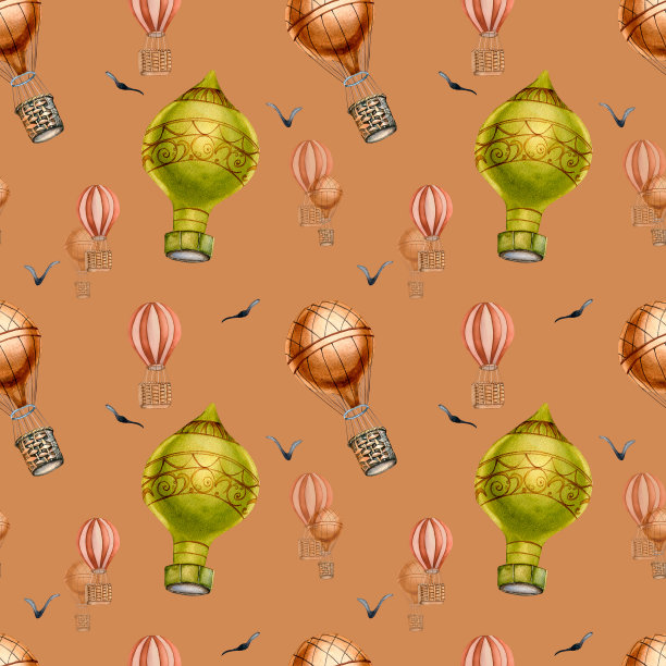 复古热气球复古风格水彩无缝图案孤立。图片下载