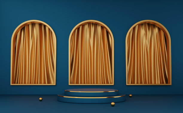 讲台空和球与金色窗帘蓝色组成的现代舞台展示，抽象的橱窗背景，概念3d插图或3d渲染图片下载