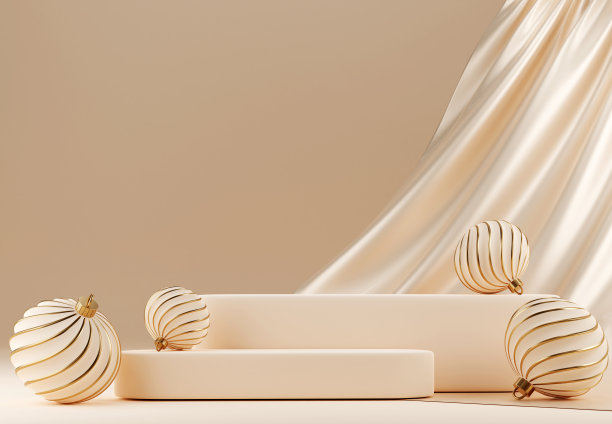 3D抽象圣诞灯背景与米色圣诞饰品图片下载