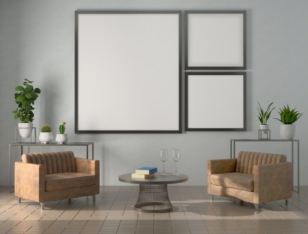 画框贴在墙上，桌子上放着椅子和花瓶。图片下载