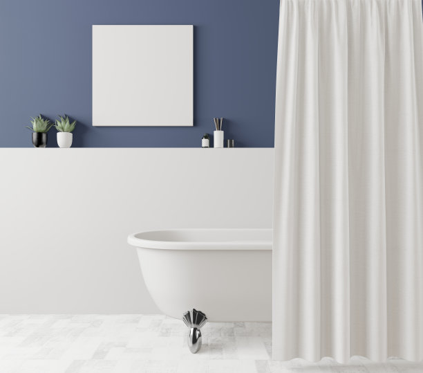 浴缸和相框都固定在墙上。图片下载