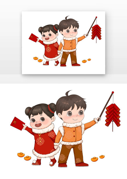 红色两个儿童拿鞭炮图片下载
