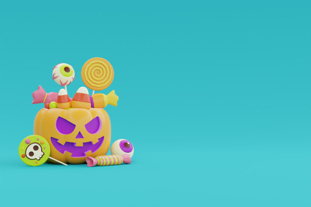 万圣节南瓜篮装满了五颜六色的糖果和糖果，传统的十月假期，3d渲染。图片下载