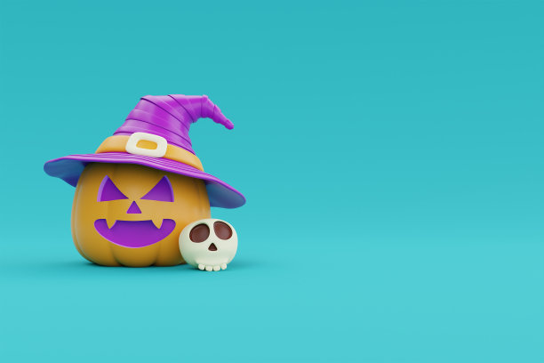 万圣节快乐的南瓜灯人物戴着女巫的帽子和骷髅头，3d渲染。图片下载