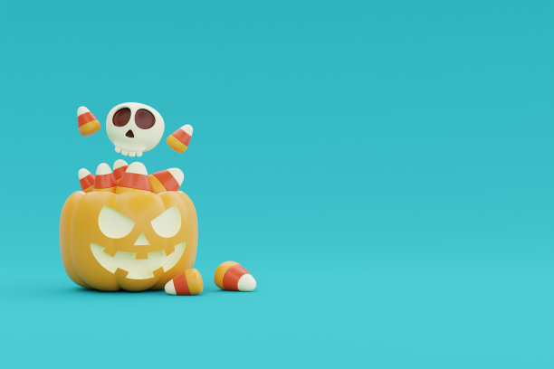 万圣节南瓜篮装满了五颜六色的糖果和糖果，传统的十月假期，3d渲染。图片下载