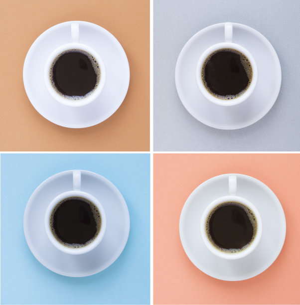 彩色背景上的一杯黑咖啡。模式。平的。前视图。图片下载
