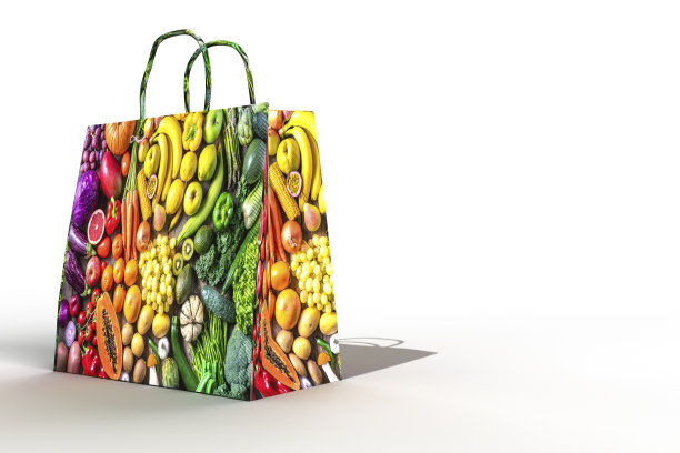 白色购物袋3d与水果和蔬菜印刷在白色背景图片下载