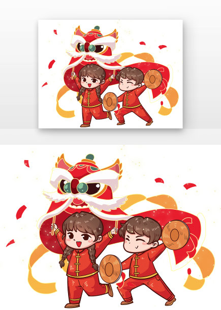 新年女孩男孩舞狮图片下载