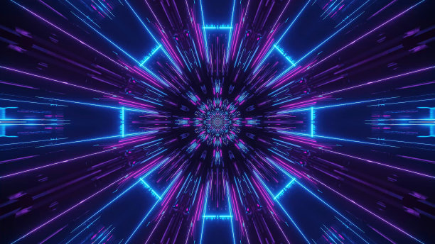 动态未来插画与3D渲染蓝色和紫色激光灯图片下载