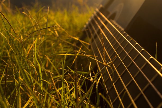 吉他在草地上的高角度镜头-完美的背景图片下载