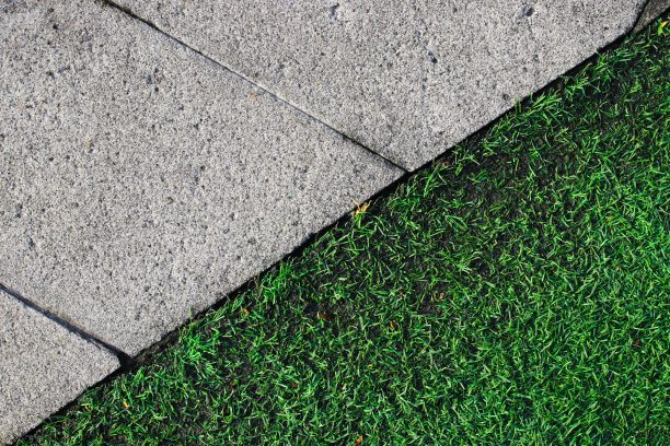 绿色草坪走道上的人造草皮和混凝土瓷砖。图片下载