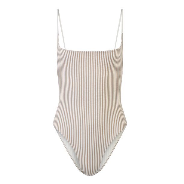 条纹连体泳衣在灯光下孤立在白色的背景图片下载