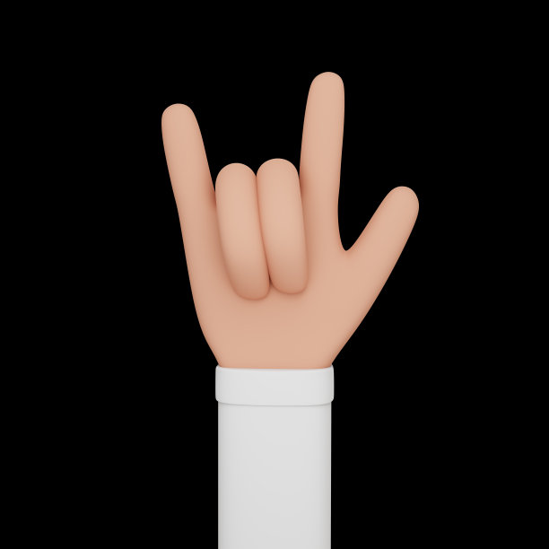 在黑色背景下，拇指、食指和小拇指抬起的孤立手的3d渲染图。图片下载
