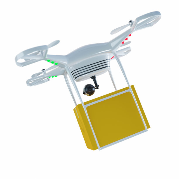 一架白色的4螺旋桨无人机正在运送包裹。无人机包裹投递技术。隔离在白色背景与剪切路径图片下载
