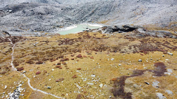 高山冰川湖。风景如画的隐蔽地点在山上。户外风格度假。冒险旅行中有野生动物，没有人。山谷景观鸟瞰图库存照片图片下载