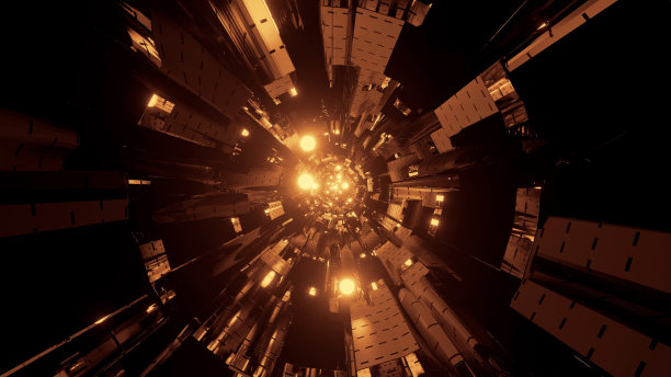 3D渲染抽象背景的未来圈隧道与发光的棕色和金色的灯图片下载