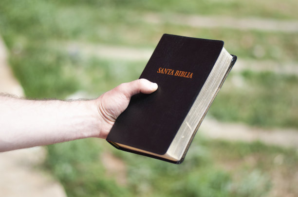 浅聚焦拍摄一个人拿着一本圣经与模糊的背景图片下载