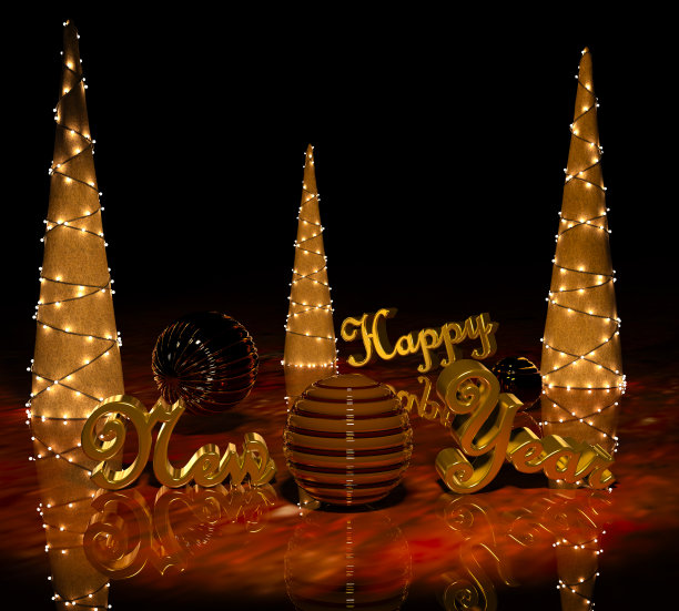 新年快乐的金色文字与圣诞树的黑色背景图片下载