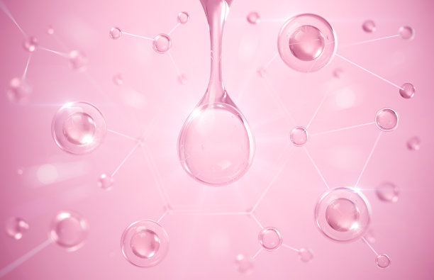 皮肤精华和维生素胶原蛋白与液体泡沫的粉红色背景。3 d渲染。图片下载