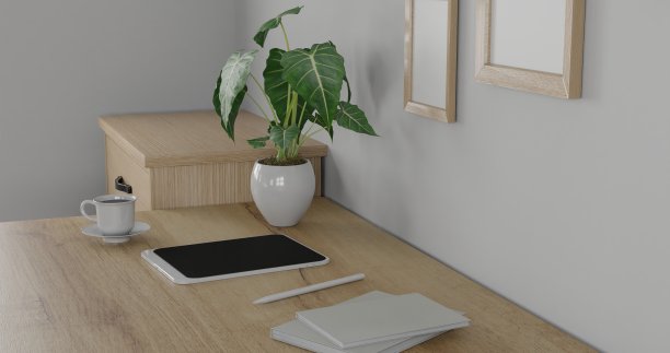 3d渲染室内房间。最小的风格设计。工作的书桌上。家庭室内设计。模板的网站，墙纸，和模型。图片下载