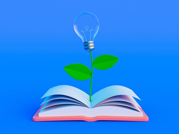 3d最小增长心态。学生学习成长理念。读一本书来获得一个新的想法。寻求知识。从教科书上长出来的灯泡。3 d渲染插图。图片下载