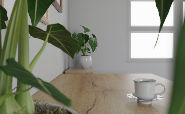 3d渲染室内房间。最小的风格设计。工作的书桌上。家庭室内设计。模板的网站，墙纸，和模型。图片下载