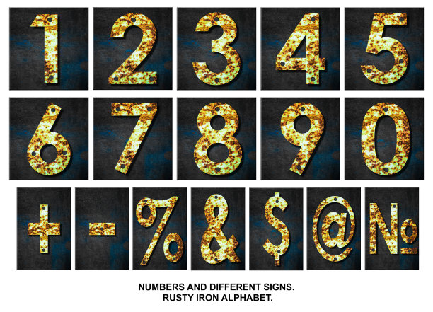 集合，数字和符号。字母从数字，从生锈的铁，在木板上。孤立的白色背景。教育。设计图片下载