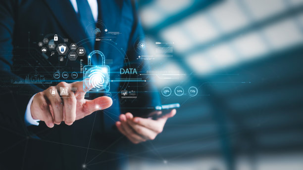 商人利用指纹获取商业信息，生物特征识别与网络安全网络，数字网络犯罪反犯罪技术创新，数据保护隐私理念。图片下载