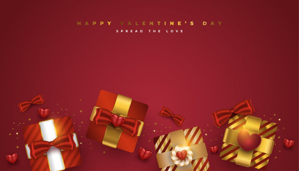 情人节问候横幅与现实的红色和金色礼盒和闪闪发光的金色彩纸在红色的背景。横向海报，贺卡，网站横幅图片下载