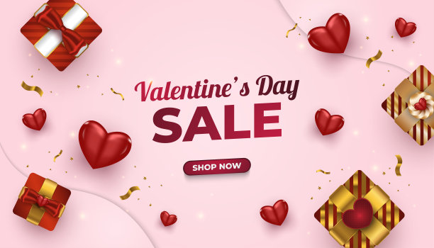 情人节销售海报或横幅与现实的礼盒，红心和闪闪发光的金色彩纸在粉红色的背景。情人节庆祝活动的促销或购物模板图片下载