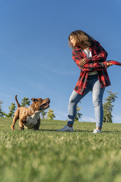 非洲妇女和她的狗玩耍图片下载
