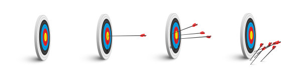 3d射箭的目标与箭头设置，飞镖击中或错过板与红，黄，蓝环图片下载