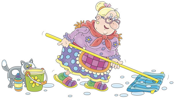 有趣的家庭主妇正在勤奋地拖地图片下载