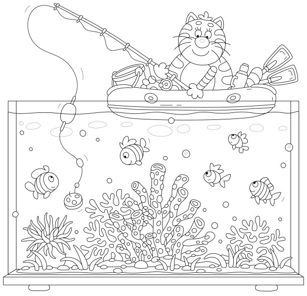 有趣的猫在充气船在水族馆钓鱼图片下载