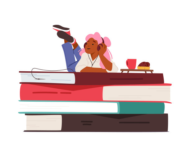 女孩戴着耳机躺在一大堆书上听网络课程或故事。女学生角色使用应用程序图片下载