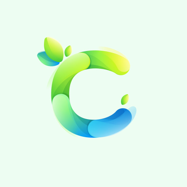 字母C生态标志与渐变线与绿叶。由重叠部分组成的环保图标。图片下载