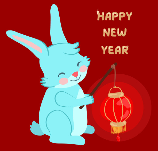 蓝兔子拿着中国装饰的大红灯笼。中国新年。手绘矢量插图。适用于网站，贴纸，明信片。图片下载