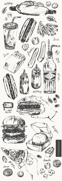 快餐热狗，炸薯条，汉堡，披萨图片下载