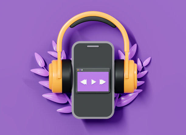3D手机带耳机和播放音乐。智能手机的播放列表。音频播放器。多媒体的概念。卡通创意插画与现实元素的紫色背景。三维渲染图片下载