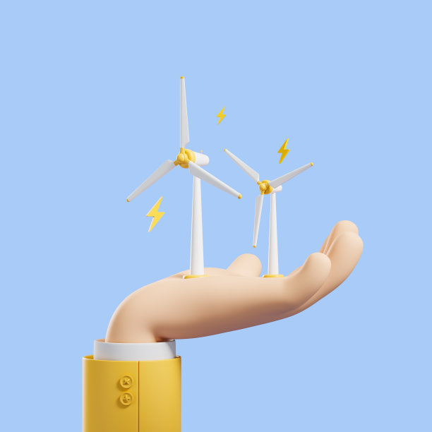 蓝色背景的卡通手和风力发电站图片下载