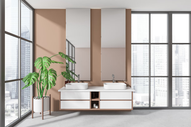时尚的浴室内部有两个脸盆和全景窗图片下载