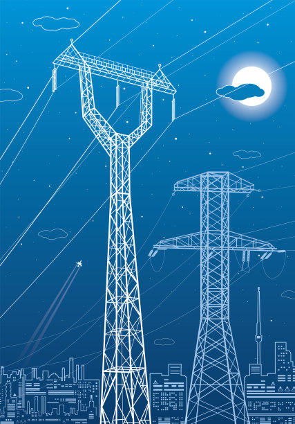 高压传输系统。电杆。电线。相互连接的电力网络。蓝色背景上的白色otlines。矢量设计说明图片下载