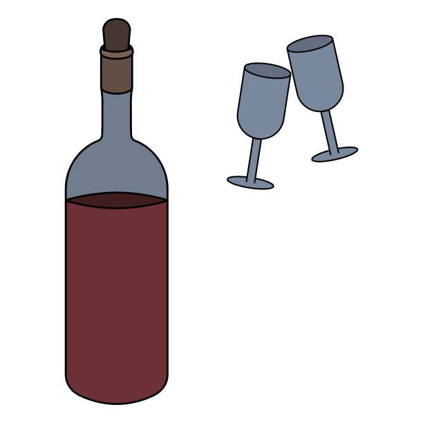 酒瓶与红酒和两个葡萄酒杯套插图卡通风格图片下载