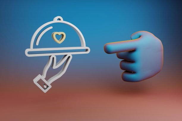 美丽的插图抽象的手食指指向婚礼晚宴符号图标在一个多色明亮的背景。3 d渲染插图。设计的背景图案。图片下载