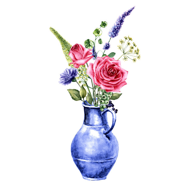 蓝色花瓶里手绘的水彩花束图片下载