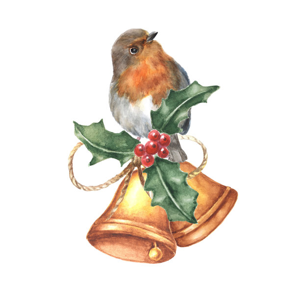 水彩圣诞安排与知更鸟鸟和铃铛图片下载