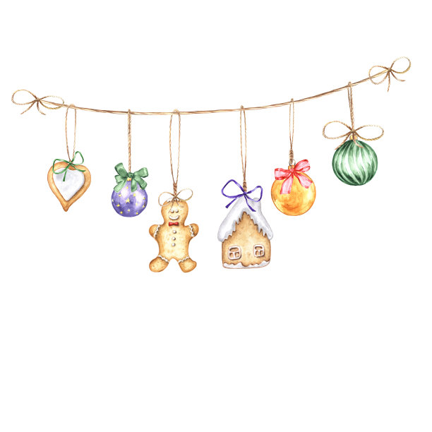 水彩画的圣诞树玩具和姜饼图片下载