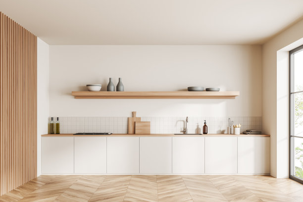 前面的明亮的厨房房间内部与全景窗图片下载