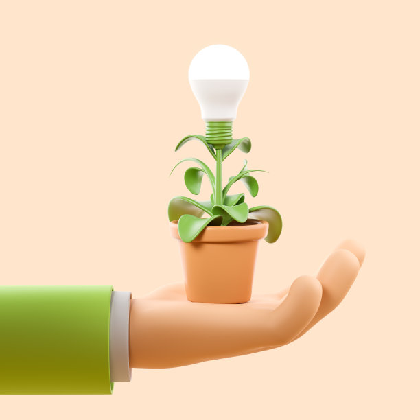 卡通手与植物与灯泡在花盆上的光背景图片下载